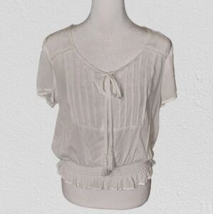 Lily White Pintuck Smocked Waist Peasant Top in White Size Small